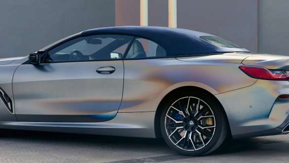 BMW Individual softtop Marine Blue BMW 8 Series Convertible G14 LCI Facelift 2022 BMW Individual Frozen Pure Grey metallic BMW M850i xDrive three-quarter rear view
