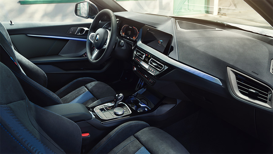 BMW 1 Series F40 cockpit with M Sport seats, M Leather steering wheal and illuminated interior trim finishers