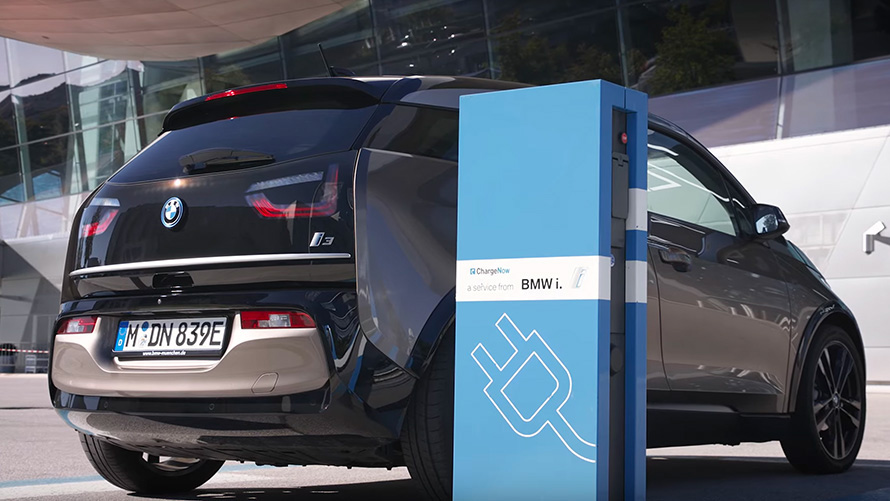 BMW i3 (i01) on charging station three-quarter rear view