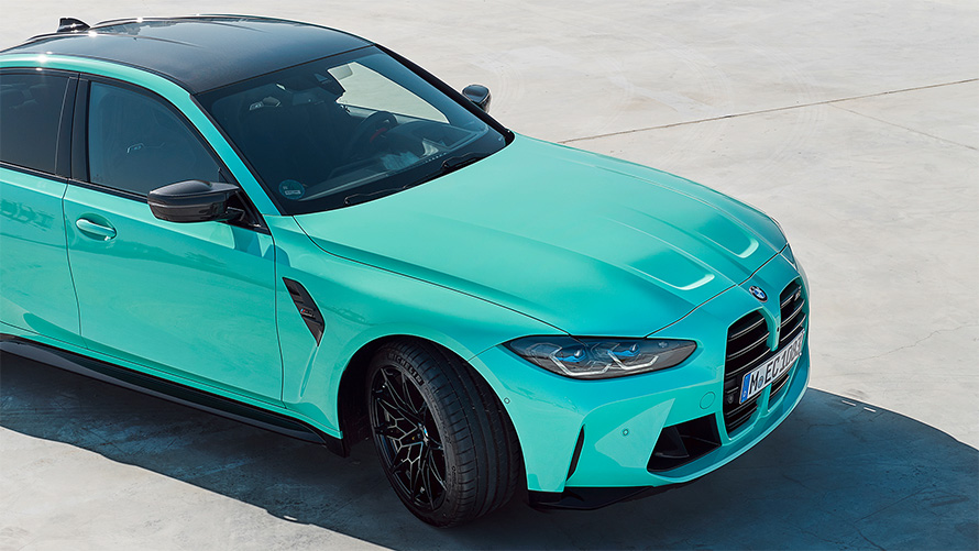 BMW M3 Sedan G80 2021 BMW Individual Mint Green three-quarter side view standing with top view in section