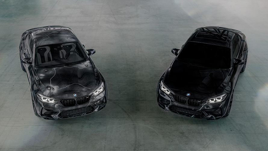 BMW M2 Edition designed by FUTURA 2000 F87 2020 two models in V-formation top view on grey ground